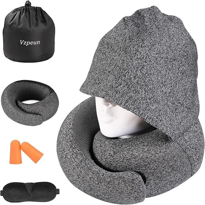 Travel Pillow - Hooded Neck Pillow Airplane Memory Foam Filling by Vzpeun