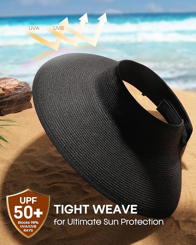 Womens Sun Visor Hats Wide Brim Straw Beach Hat UV Protection Ponytail Packable - Image 2