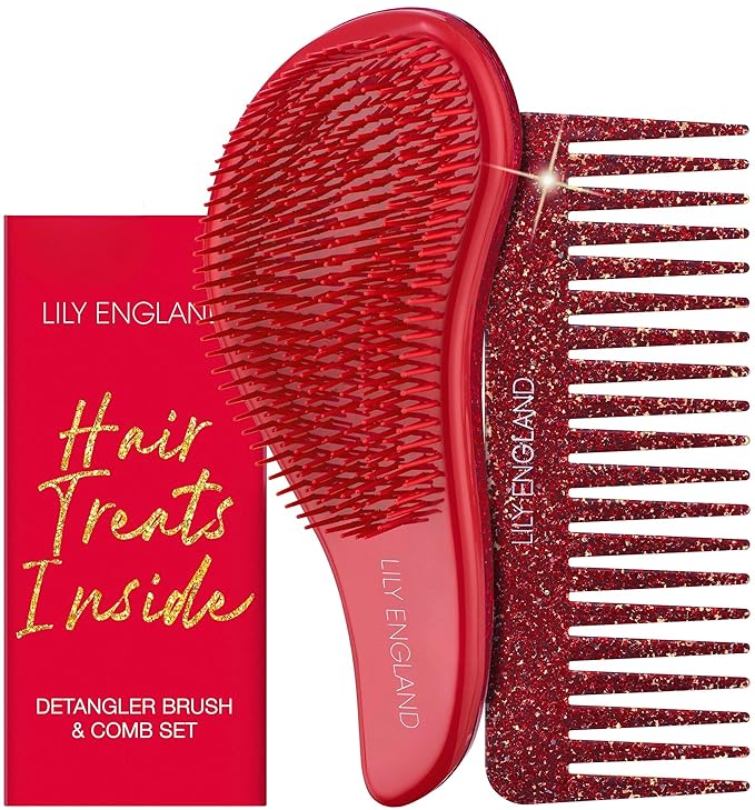 Lily England Detangler Brush & Comb Set - Lightweight Wide Tooth Detangling Tool for Women & Kids - Smooths Curly, Straight, Dry, Fine, & Thick Hair, Red Glitter