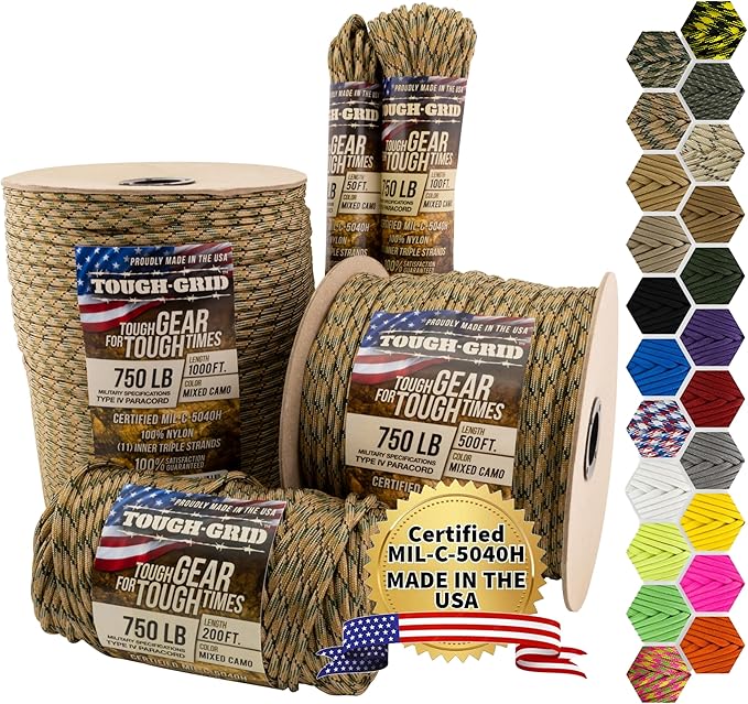 TOUGH-GRID 750 Paracord Rope Nylon Parachute Cord, Made in USA Survival Kit by TOUGH-GRID