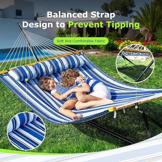 Double Hammock with Stand for Outdoor, Heavy Duty Portable Hammock with - Image 3
