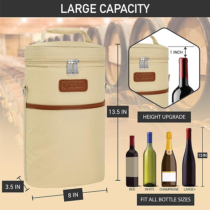 opux 2 Bottle Wine Carrier Tote, Insulated Leakproof Wine Cooler Bag, Wine - Image 3