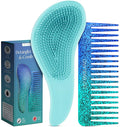 Lily England Detangler Brush & Comb Set - Lightweight Wide Tooth Detangling Tool for Women & Kids - Smooths Curly, Straight, Dry, Fine, & Thick Hair, Blue Glitter