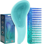 Lily England Detangler Brush & Comb Set - Lightweight Wide Tooth Detangling Tool for Women & Kids - Smooths Curly, Straight, Dry, Fine, & Thick Hair, Blue Glitter