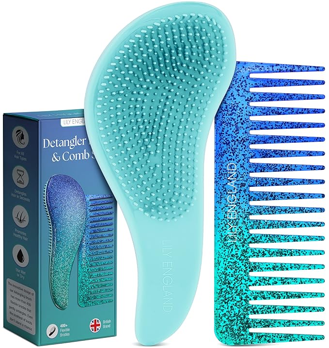 Lily England Detangler Brush & Comb Set - Lightweight Wide Tooth Detangling Tool for Women & Kids - Smooths Curly, Straight, Dry, Fine, & Thick Hair, Blue Glitter