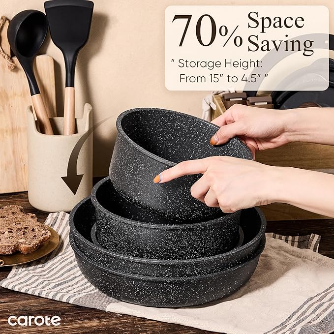 CAROTE 17pcs Pots and Pans Non Stick, Cookware Sets Detachable Handle, - Image 5