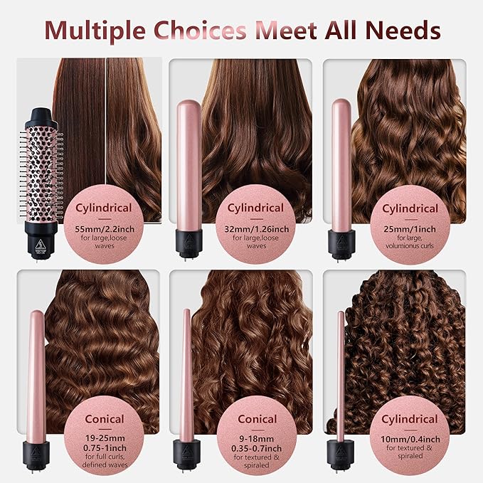 Curling Iron Set, 6 in 1 Hair Curling Wand with Curling Brush and 5 Interchangeable Ceramic Curling Wand(0.35'-1.25') Tourmaline Hair Curler, Instant Heat Up Curling Iron for Long Hair Women