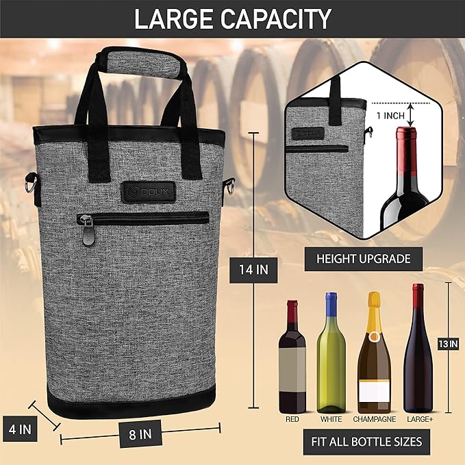 opux Two Bottle Wine Bag Carrier Tote, Insulated Leakproof 2 Bottle Wine Cooler - Image 4