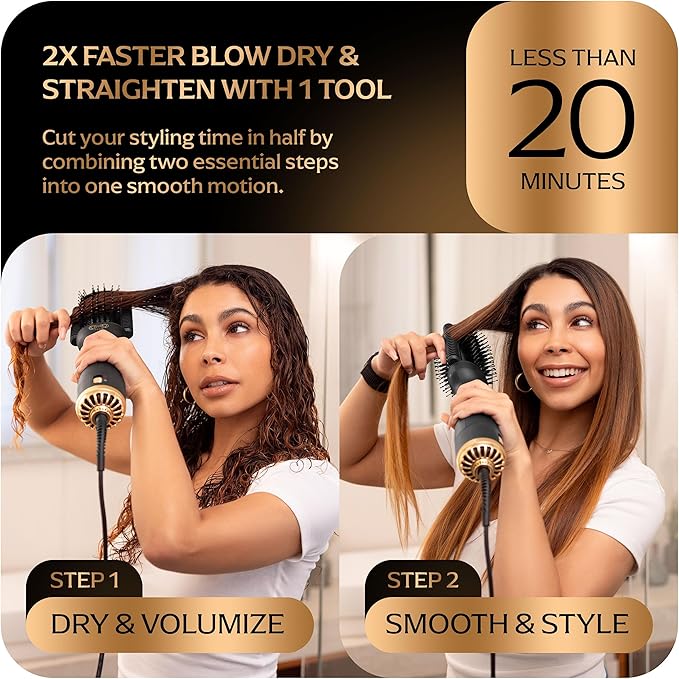 Automatic Dual Voltage Blowout Brush Hair Dryer, 4-in-1 Blow Drying Brush, Ionic Hair Straightener w/No Heat Damage, Light 1.3 lb Blowout Tool, Blow Dryer Curling Wand, Hot Air Styler for All Types