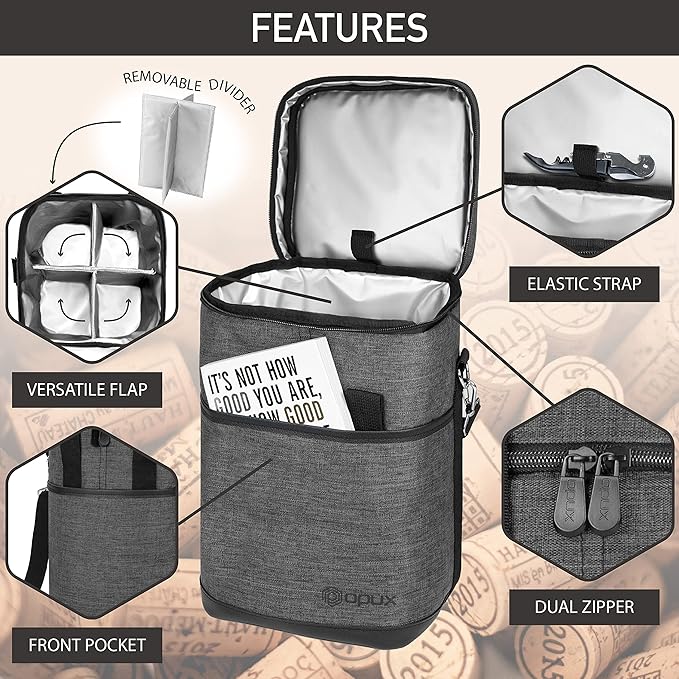 Opux Insulated Wine Tote, 4 Bottle Cooler Bag - Image 4