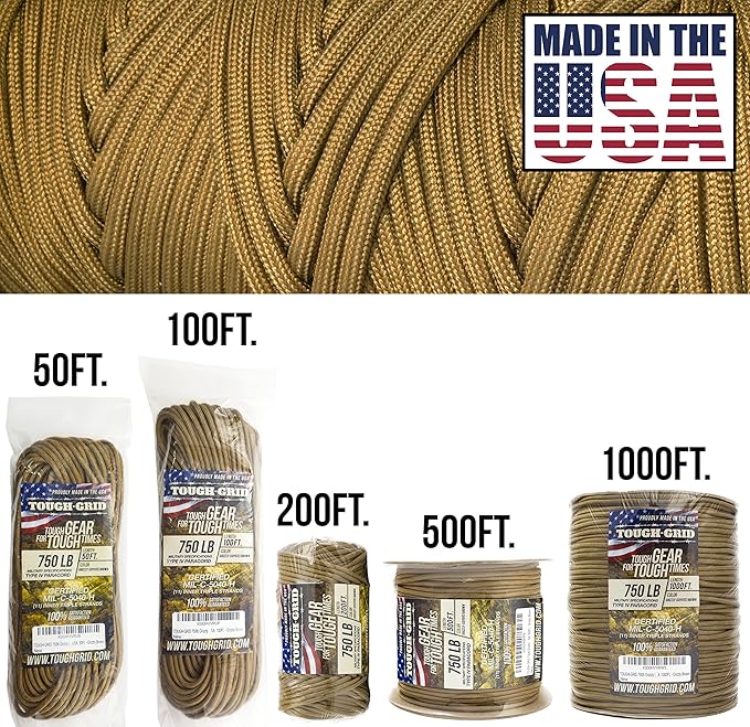 TOUGH-GRID 750 Paracord Rope Nylon Parachute Cord, Made in USA Survival Kit - Image 3